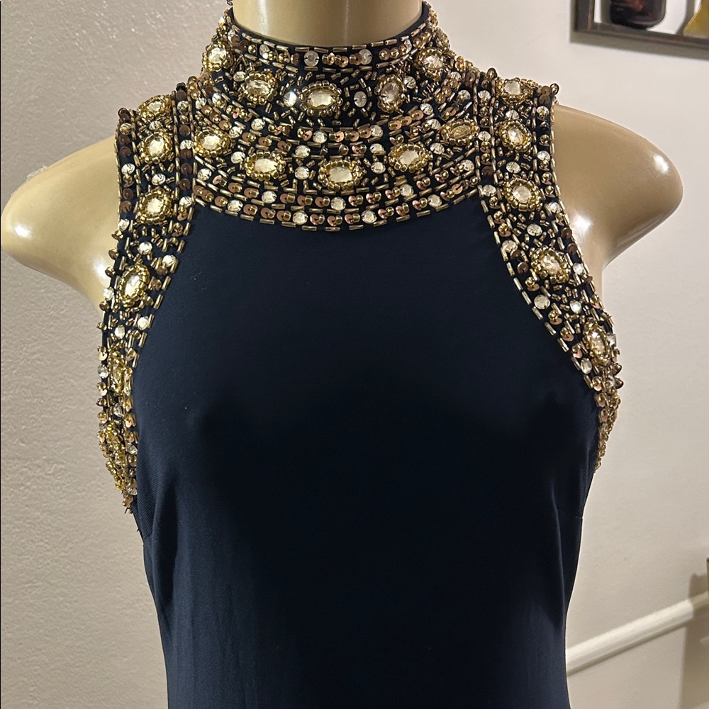 Jovani Black and Gold Embellished Maxi Dress